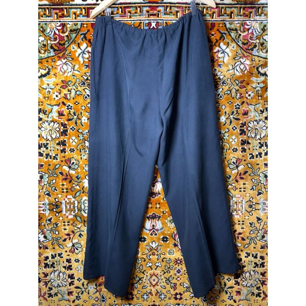 90s Vintage J. Crew Black 100% Silk Wide Leg Pants Drawstring Waist size M
